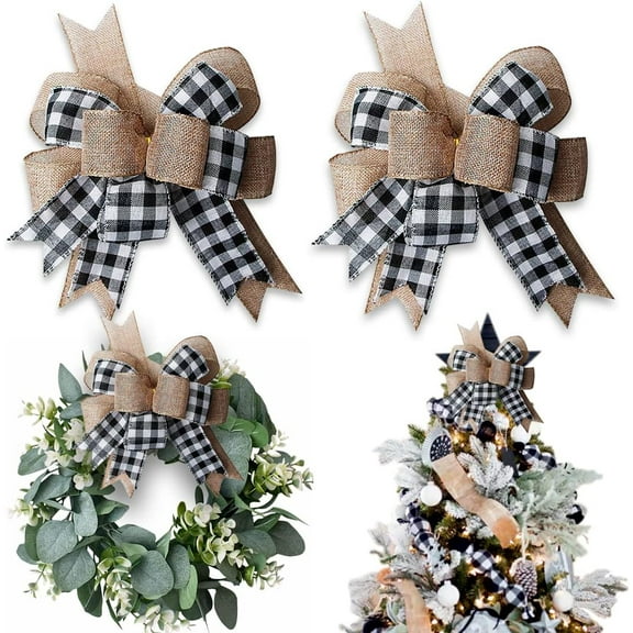 Plaid Burlap Bows for Wreath 2 Pack,12”x9.4”Large Rustic Farmhouse Decor Tree Topper Check Bow Decorations for Fall Wedding Holiday Party Wall Home Front Door Decorative