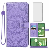 Asuwish Compatible with Google Pixel 7 5G Wallet Phone Case and Tempered Glass Screen Protector Flip Credit Card Holder Stand Mandala Flower Cell Cover for Pixel7 Pixle Seven 6.3 Women Men Purple