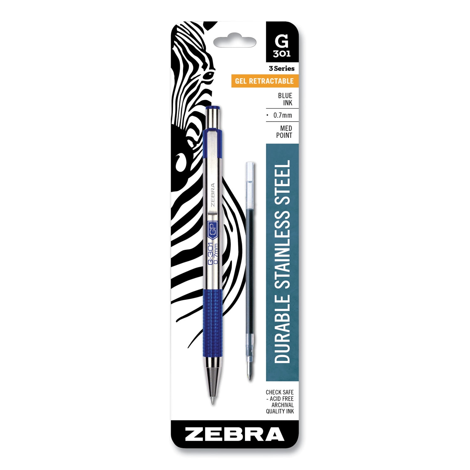 Zebra G301 Retractable Gel Pen, Medium 0.7 Mm, Blue , Stainless Steel