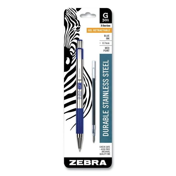 Zebra G301 Retractable Gel Pen, Medium 0.7 Mm, Blue , Stainless Steel