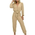 thumbnail image 1 of Yuyuzo One-Piece Fall Outfits for Women Long Sleeve Jumpsuit Wrap V Neck Belted Waist Solid Color Rompers, 1 of 5