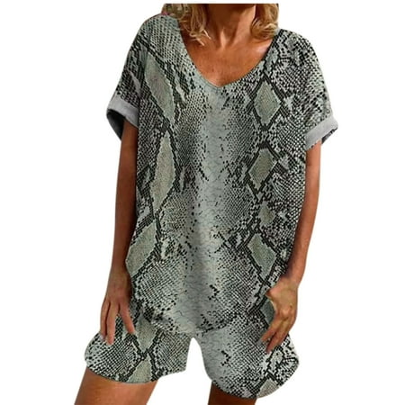 

Womens Casual Summer 2 Piece Outfits Short Sleeve V Neck Tops with Shorts with Pockets Pajamas Sets PJs Lounge Suits