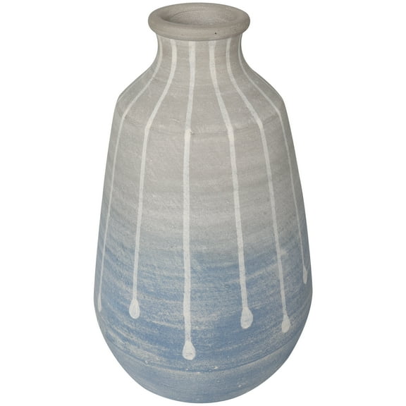 DecMode 14" Abstract Ombre Drip Blue Ceramic Vase with Gray and White Accents