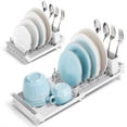 thumbnail image 1 of Estante para platos con desagüe, drenaje directo (sin boquilla para fugas o roturas), estante extensible para secar platos, con cucharas, tenedores, cuchillos, platos, soportes para tazones, varios, 1 of 8