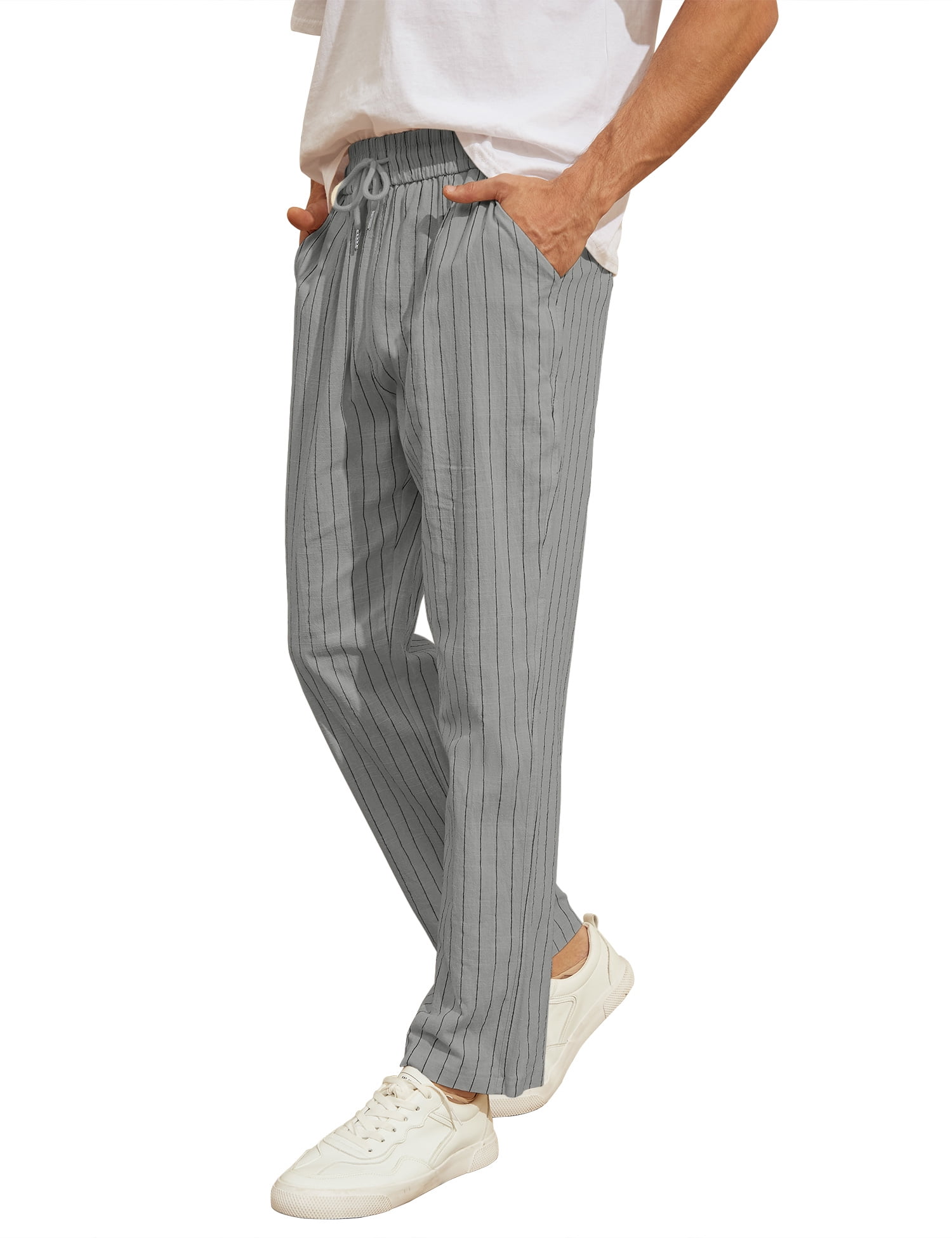 ZHENWEI Mens Cotton Linen Drawstring Pants Elastic Waist Casual Jogger