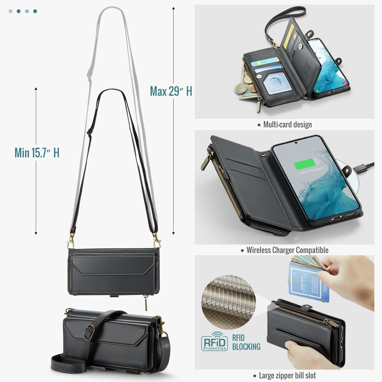 Asuwish Compatible with Samsung Galaxy S22 5G Zipper Wallet Phone Case Tempered Glass Screen Protector Crossbody Lanyard Strap Flip Card Holder Slot Cell Cover for S 22 22S 4G G5 6.1 Women Black