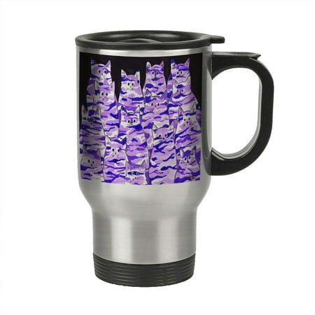 

KuzmarK Insulated Stainless Steel Travel Mug 14 oz. - Purple Camo Camouflage Kitties Abstract Cat Art by Denise Every