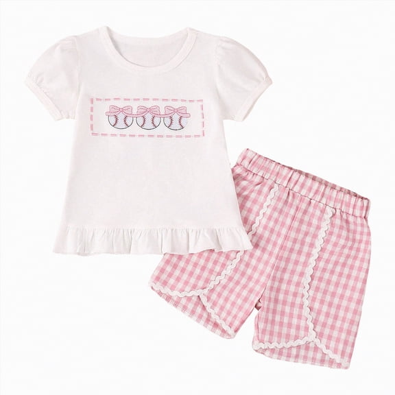 mgoYE Toddler Baby Girl Clothes Summer Short Sleeves Crewneck Embroidery T Shirt Elastic Plaid Shorts 2Pcs Outfits Set(Light Pink,2-3 Years)