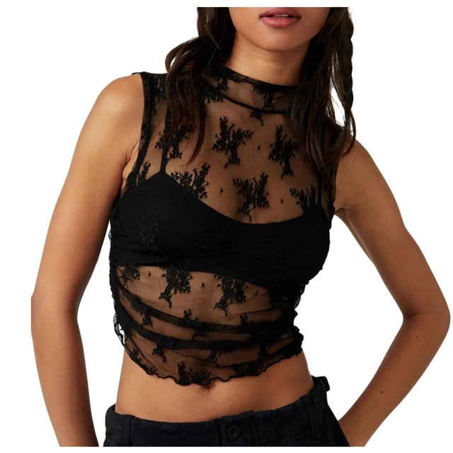 Women's Sleeveless Sheer Lace Mesh Crop Top - Mock Neck, Ruched Side, Floral Embroidery