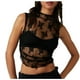 thumbnail image 1 of Top corto sin mangas de encaje transparente para mujer - Cuello alto, fruncido en los laterales, bordado floral, 1 of 7