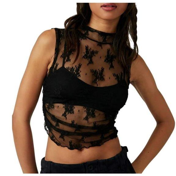 DuoJiaJ Women Sleeveless See Through Lace Mesh Crop Top Neck Ruched Side Slim Fit Floral Sheer Cropped Tank Top Sleeveless Shirts for Women