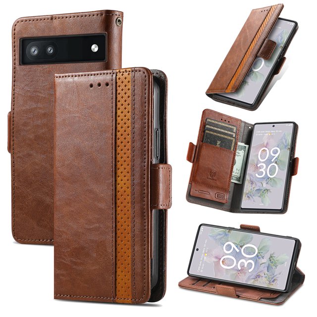Case for Google Pixel 6A Cover Leather Wallet Folio Case Book Design Flip Magnetic Closure - Brown
