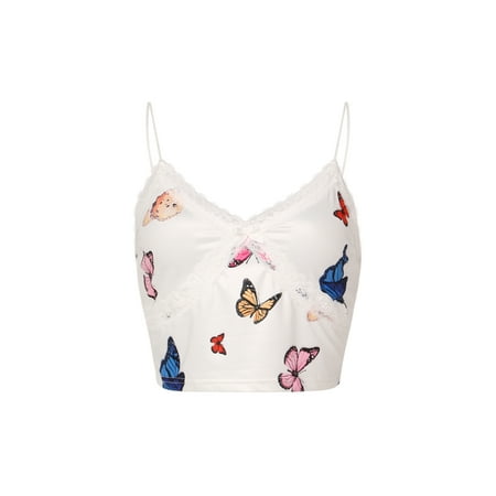 

Nokpsedcb Summer Women Butterfly Print Camisole Lady V-neck Sling Lace Exposed Navel Crop Tops White S