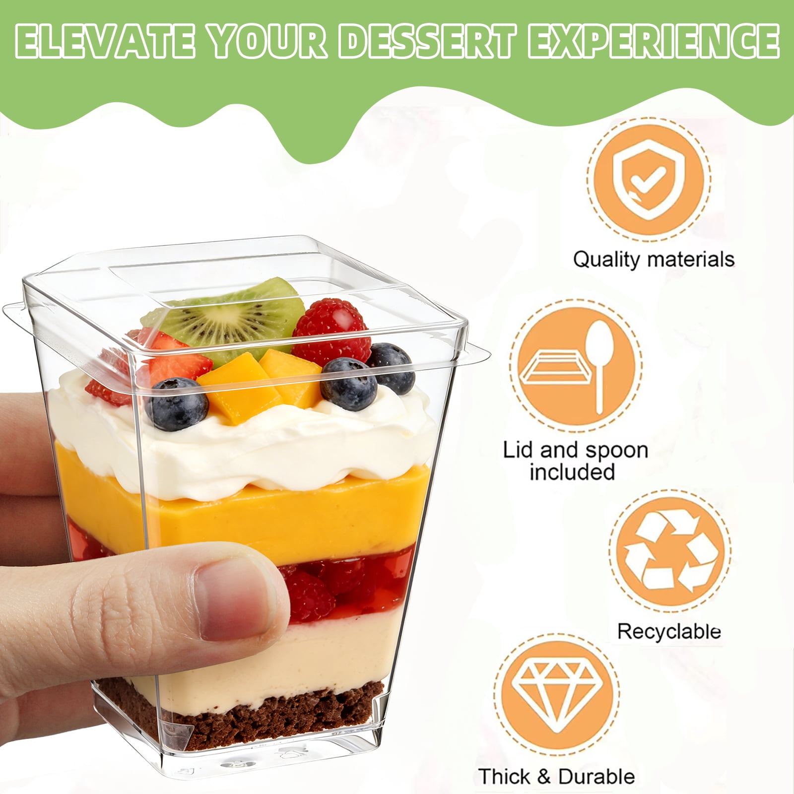 BagDream 50 Pack 5 oz Plastic Dessert Cups with Lids and Spoons, Yogurt Parfait Appetizer Cups Mini Dessert Shooter Cups for Pudding, Fruit and Ice Cream