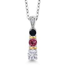 Gem Stone King 925 Silver and 10K Yellow Gold Round White Moissanite Pink Tourmaline and Black Onyx Pendant Necklace for Women (0.48 Cttw, Gemstone, with 18 inch Chain)