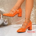 thumbnail image 2 of Mary Jane Shoes Women Casual Leather Pointed Double Buckle Straps Block Heel Pumps Shoes Elegant Dressy Heels Orange Size 9, 2 of 6