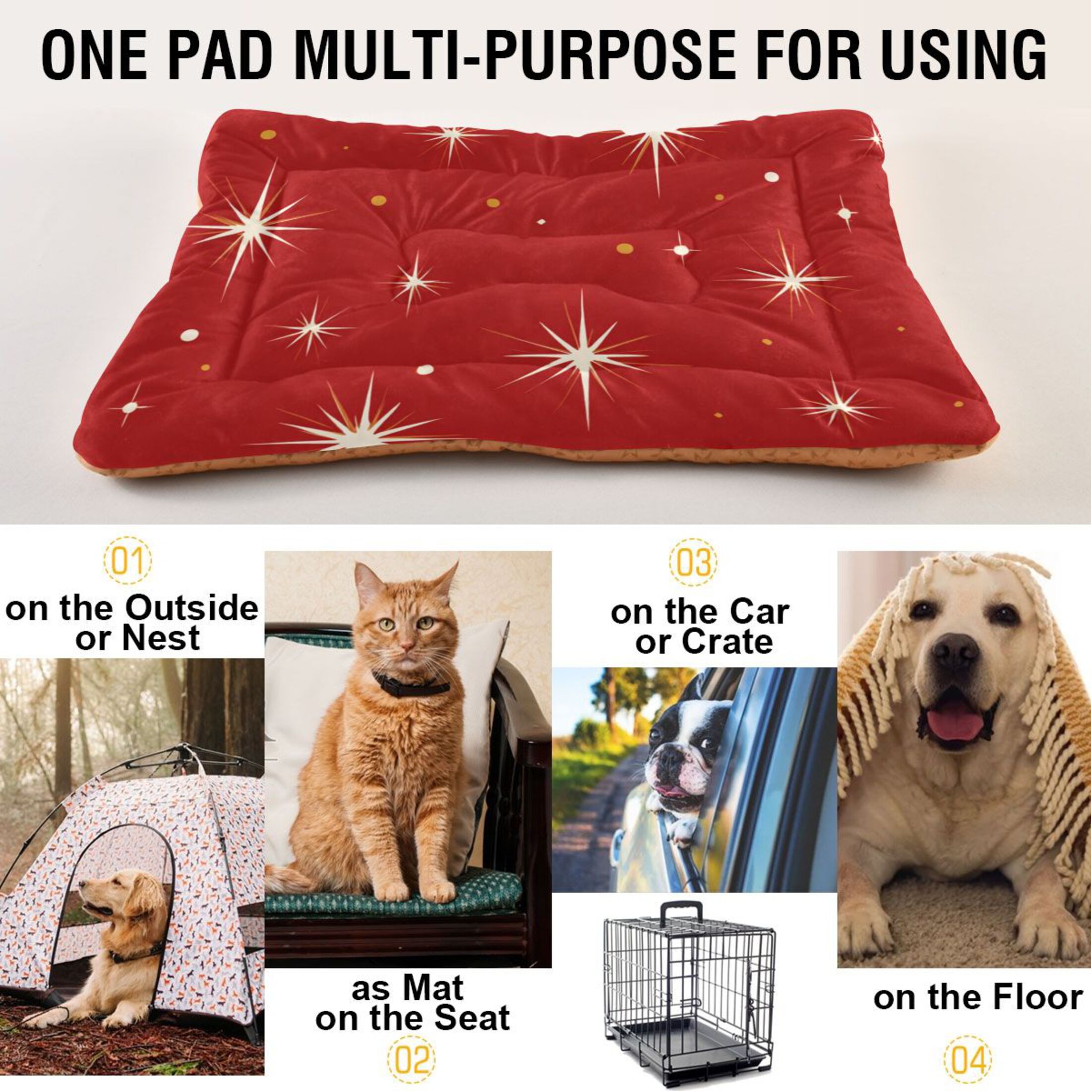 Cozy Mat Pet Bed Indoor Outdoor Warm Soft For Cat Dog Puppy(S/M) Red Background with Shinny Stars