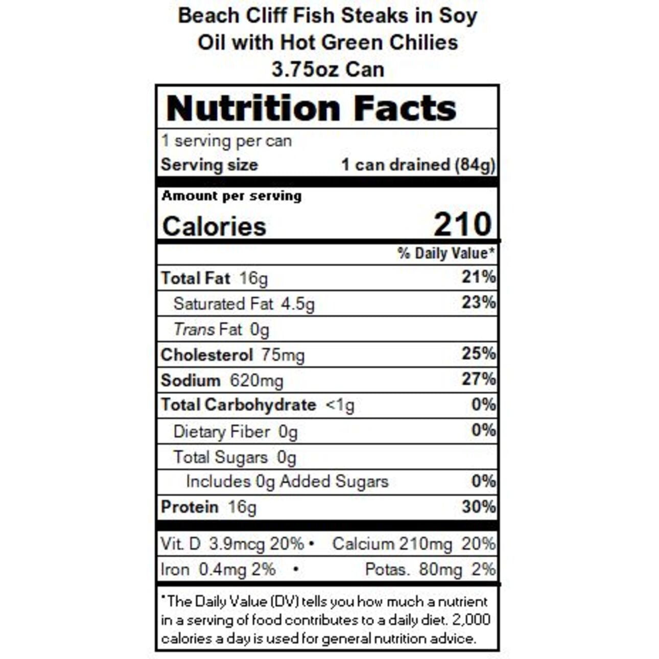 Beach Cliff Wild Caught Fish Steaks in Soybean Oil with Hot Green Chilies, Gluten Free, 16g Protein Per Serving, Bite Sized Herring, Shelf Stable Tin Can, 3.75 oz