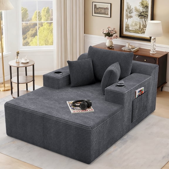 Corduroy Chaise Lounge, Gray, 67", Cup Holders and Storage Pockets