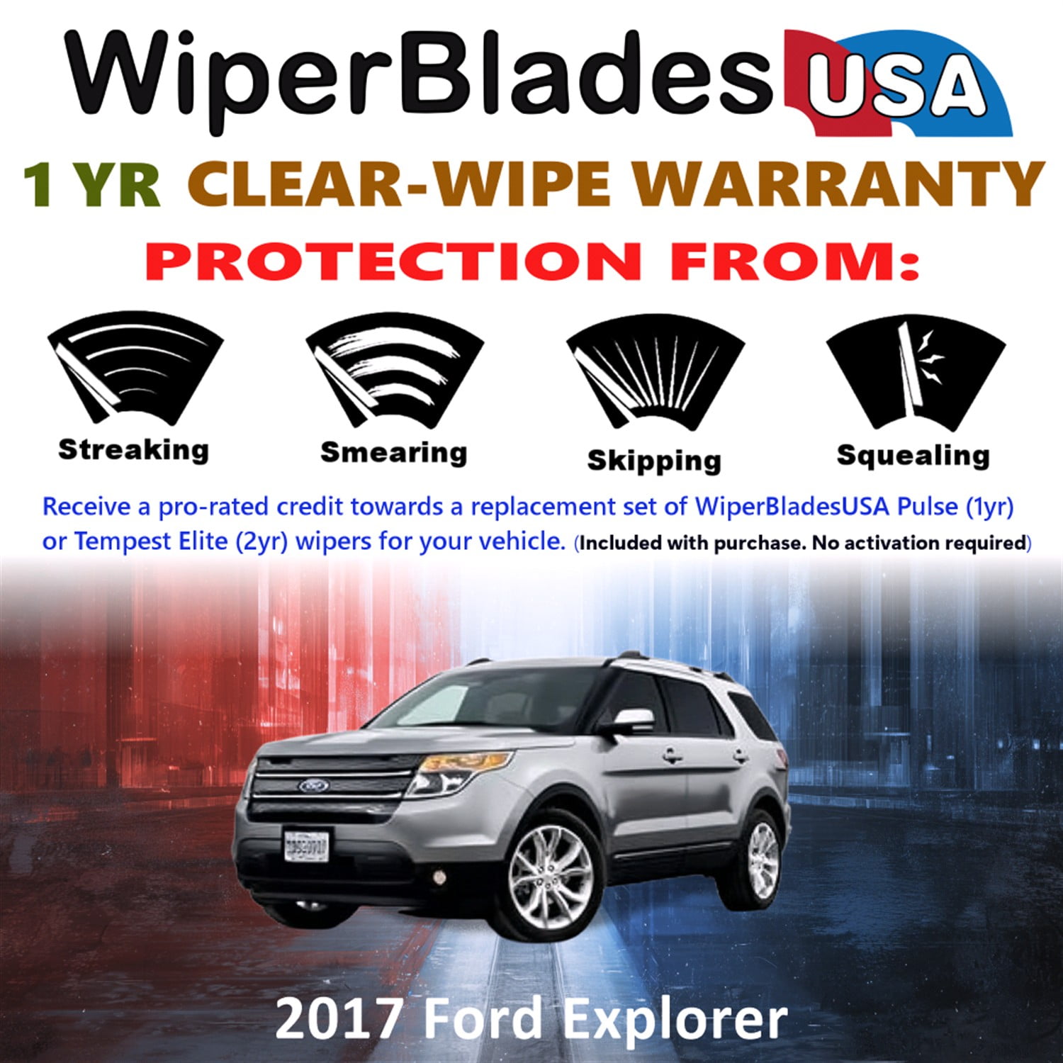 2017 Ford Explorer Beam Wiper Blades Wipers w/1yr Warranty (Set of 3) w/Rear Wiper (WiperBladesUSA)