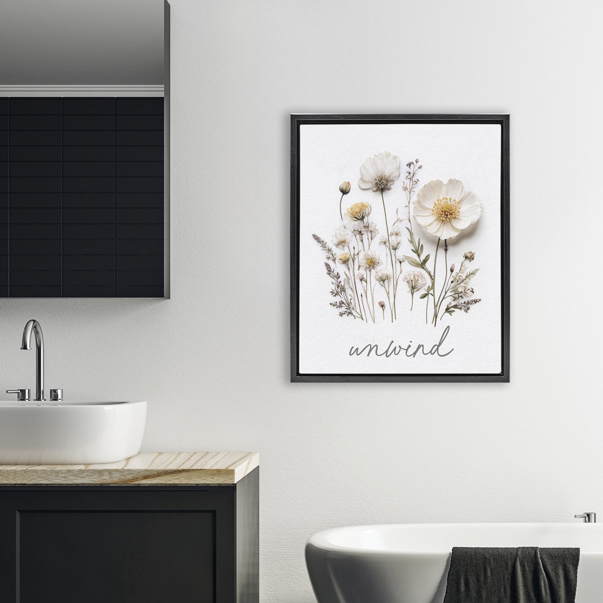 Pressed Flowers Unwind Black Framed Floater Canvas Wall Art, design by Lettered and Lined
