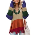 thumbnail image 1 of Asyoly Women's Waffle Knit Distressed Sweater V Neck Long Sleeve Striped Color Block Ripped Pullover Sexy Loose Jumper Casual Knitwear Tops, 1 of 8