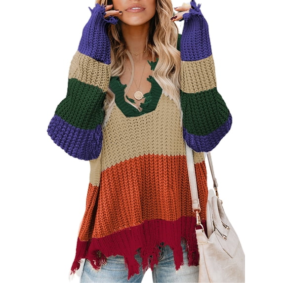 Asyoly Women's Waffle Knit Distressed Sweater V Neck Long Sleeve Striped Color Block Ripped Pullover Sexy Loose Jumper Casual Knitwear Tops