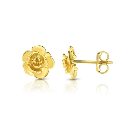 14K Yellow Gold Finish 9.2mm Shiny Fancy Post Rose Bud Earrings, Push Back Clasp