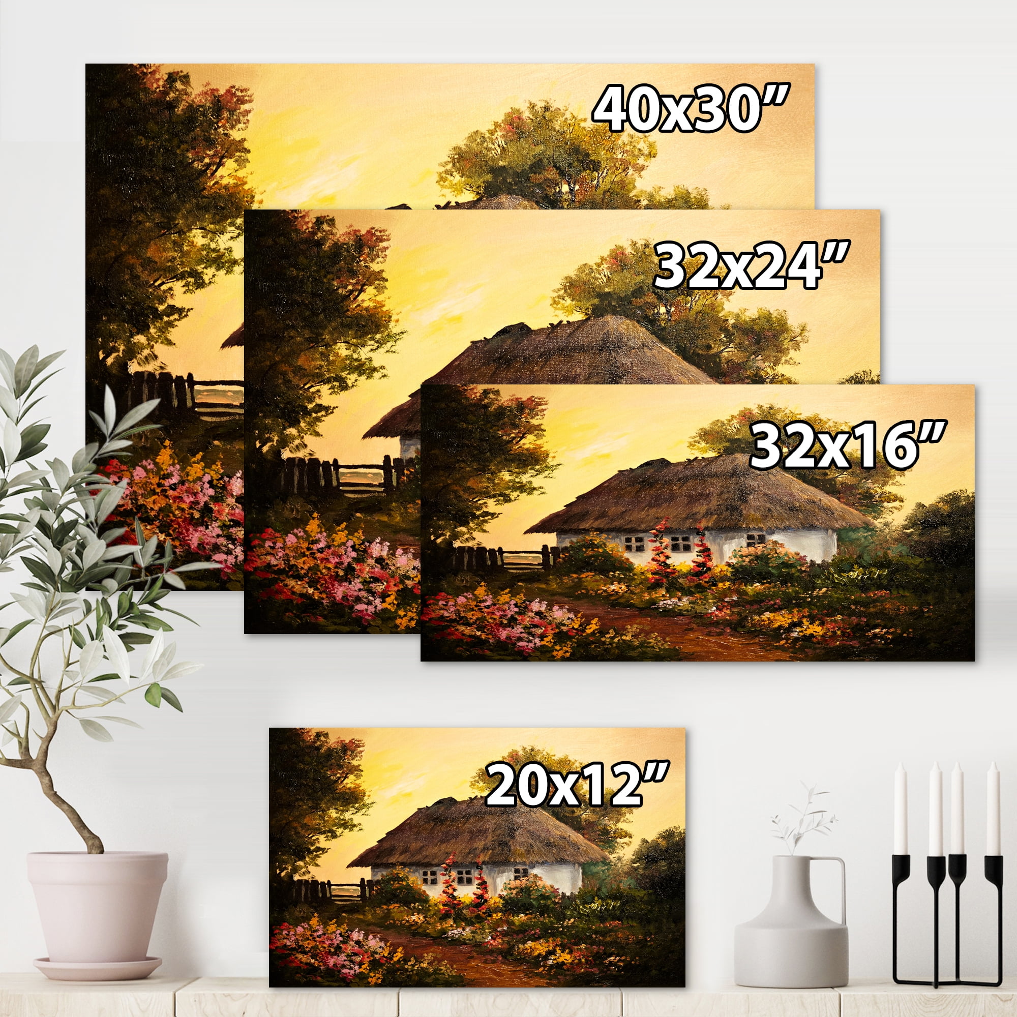 Designart ' Traditional Cottage At Sunset In Autumn Flowers ' Traditional Canvas Wall Art Print