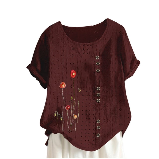 Birdeem Blouses pour Femmes Mode Imprimée Confortable Ample Manches Courtes Blouse Boutonnée Col Rond Décontracté