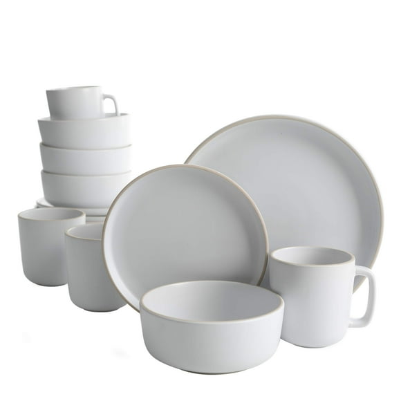 Gibson Home Zuma Ensemble de Vaisselle de Cuisine Ronde 16 Pcs, Assiettes, Plats, Bols, Tasses, Service pour 4, Grès Mat, Blanc