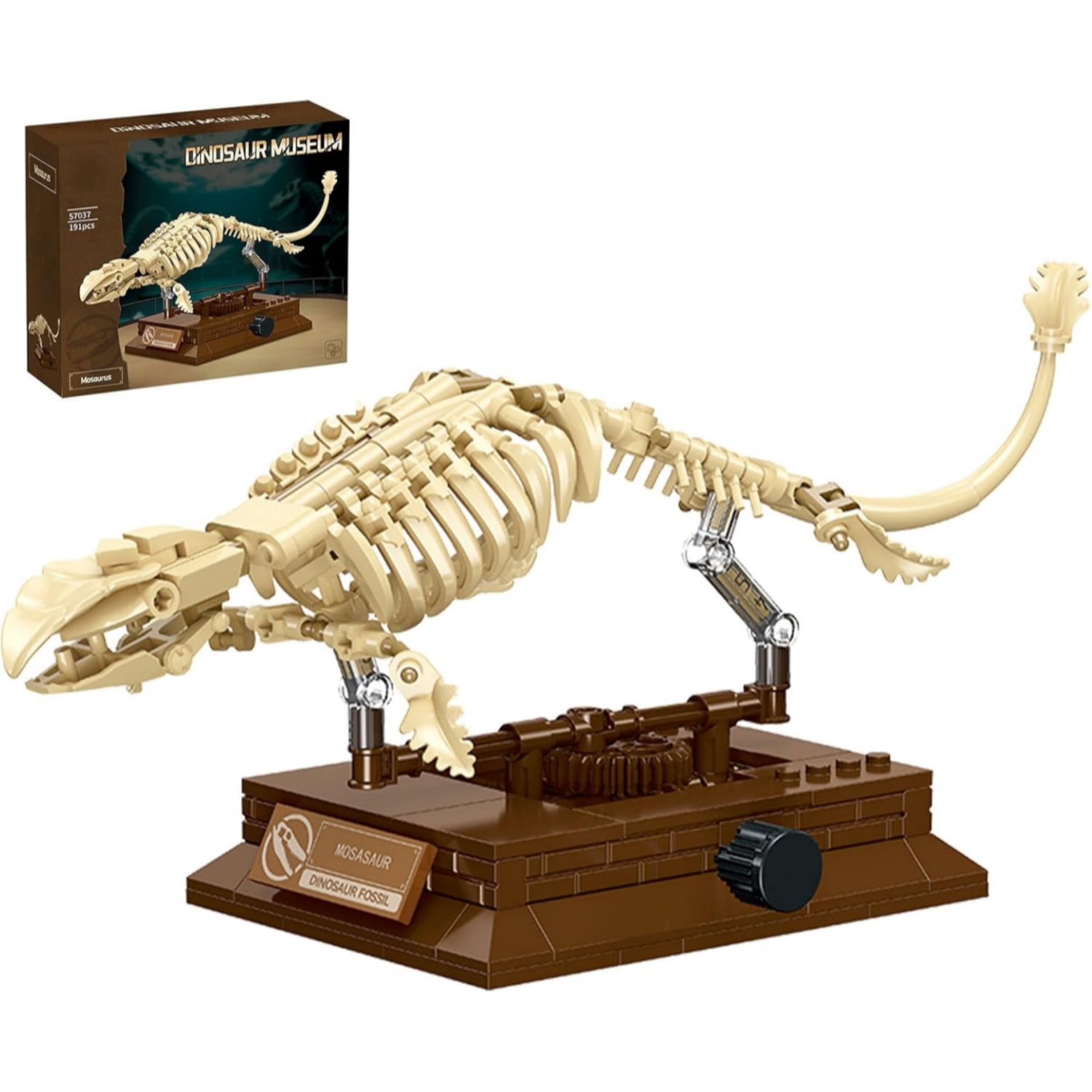 191 PCS Dinosaur Fossil Building Blocks, Mosasaurus Dinosaur Skeleton Model Building Block Sets for Adults, Beige Plastic Brick Building Set With Display Stand