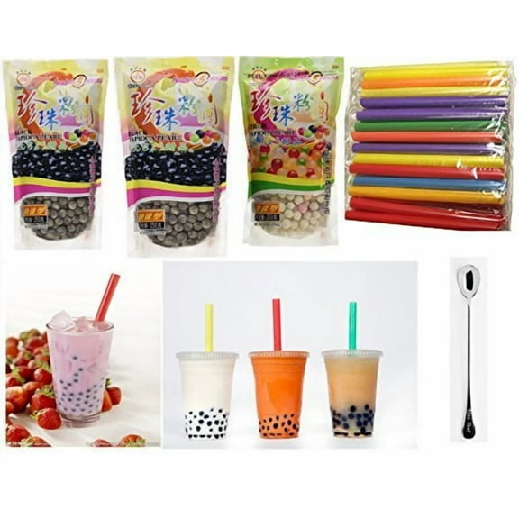 NineChef Bundle - Wufuyuan - Black Tapioca Pearl 8.8 Oz (2 bag) Wufuyuan - Multi color Tapioca Pearl 8.8 Oz (1 bag) 35 Extra wide Fat Boba Drinking Straw 1 NineChef Brand Long Handle Spoon