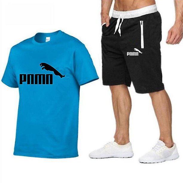 Camiseta azul para hombre, traje con estampado de Puma, manga corta y pantalones cortos, traje de cuello redondo para hombre, pantalones cortos sueltos de manga corta ZefeiWu 8390606899798