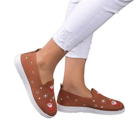 

GEZHEN Women s Fly Knit Shoes Santa Claus Print Shallow Mouth Round Toe Casual Flat Flying Single Head Shoes Non Slip Low Top Platform Shoes