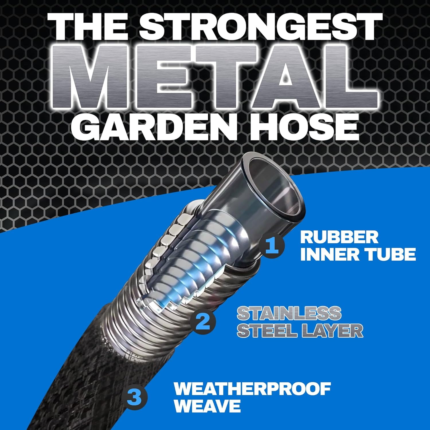 HydroSteel Garden Hose 50' ft Water Hose For Outside Heavy Duty Metal Hose Stainless Steel with Nozzle Flexible Kink-Free