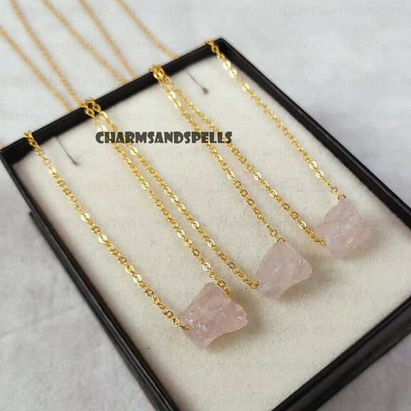 Raw Rose Quartz Gemstone Necklace, Stone Of Self-Love Necklace, Raw Crystal Necklace, Birthstone Necklace, Valentine Day Gift, Boho Necklace