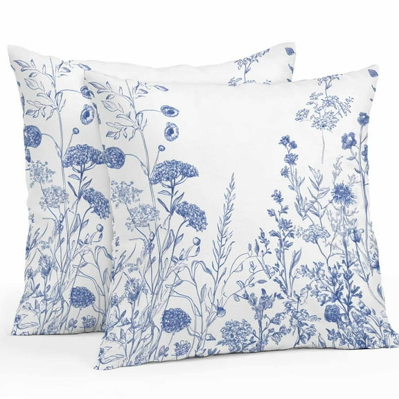 Waterproof Throw Pillow Covers Set of 2, 24x24 Inch Blue White Spring Floral Decorative Pillowcases Outdoor Pillow Slip Cushion Covers Set for Couch Tent Summer Flowers Farmhouse