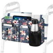 FINPAC Large Walker Tote Bag with Cup Holder, Folding Walker Attachment Hands-Free Storage Basket Mobility Aid Accessory Pouch for Elderly, Senior, Blooming Hibiscus