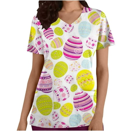 

atinetok Fashion Scrubs Tops for Women Rabbit Graphic Shirts Trendy Dressy Casual Work Short Sleeve V Neck Womens Tops Blouses
