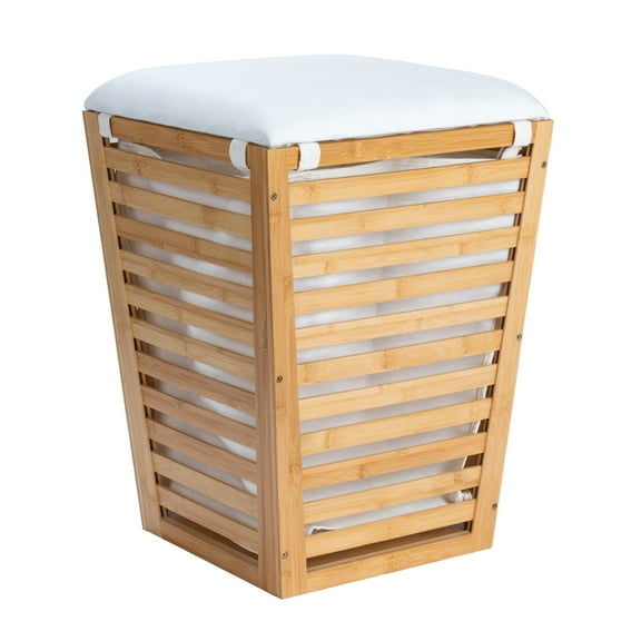 Household Essentials Slatted Natural Bamboo Hamper with Cushioned Lid and Removable Cotton Bag, Natural