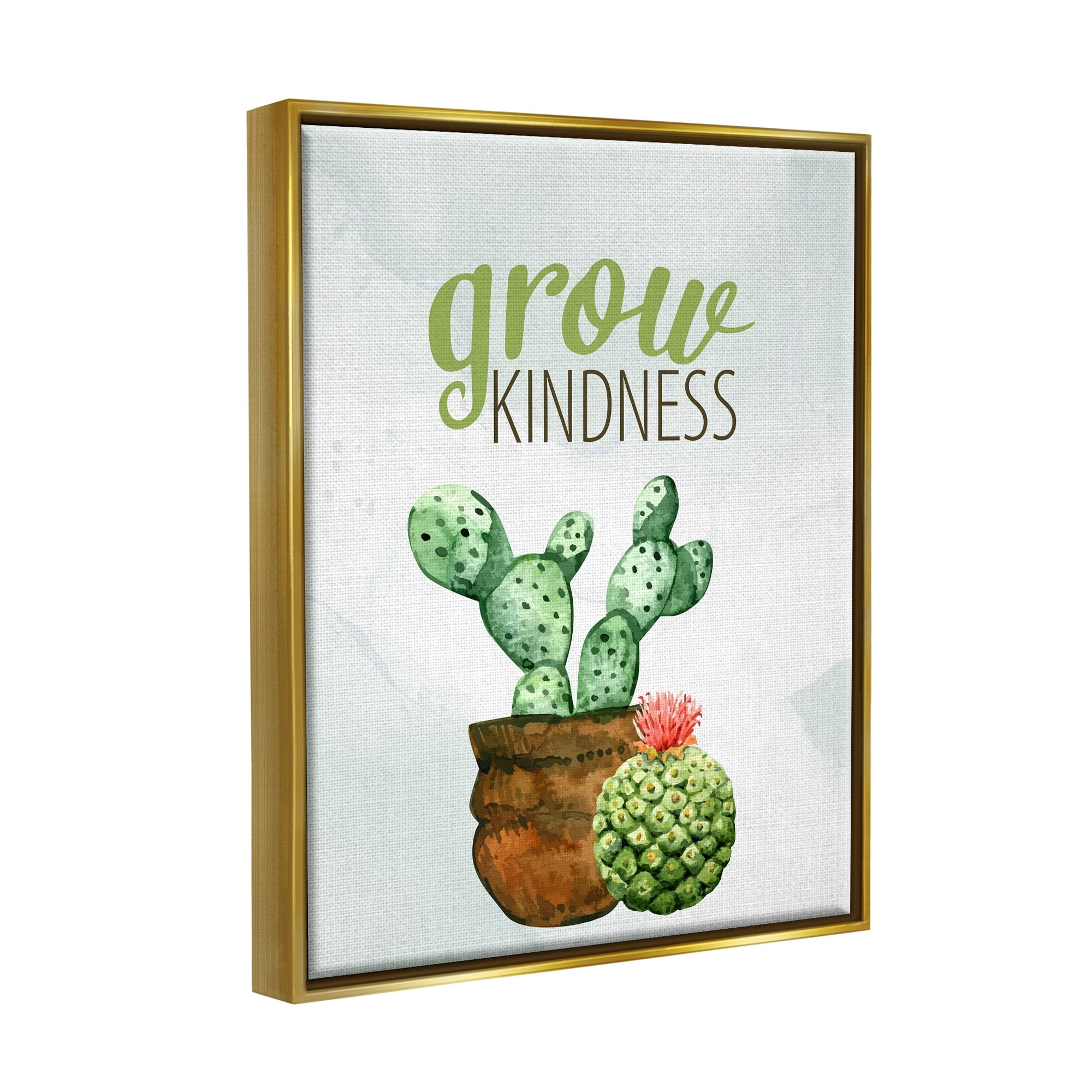 Stupell Industries Grow Kindness Calligraphy Phrase Potted Cactus Plants Graphic Art Metallic Gold Floating Framed Canvas Print Wall Art, Design by Kim Allen