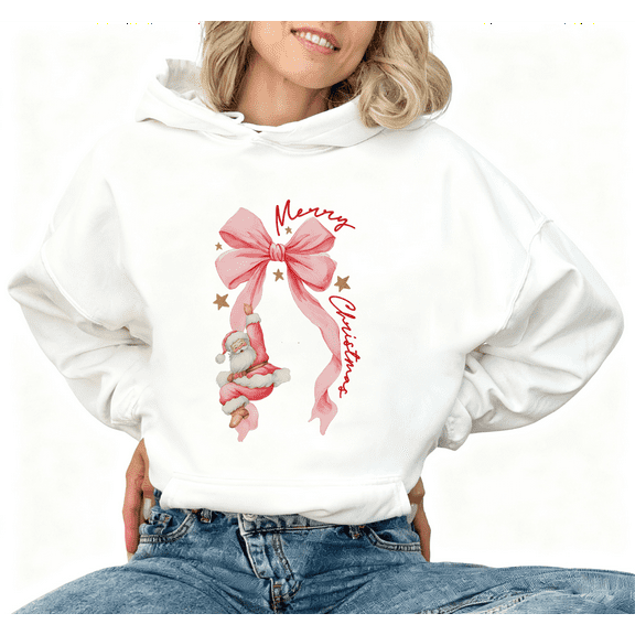 Pink Bow Merry Christmas Print Hoodie White Graphic Sweatshirt S-2XL Holiday Tops