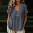thumbnail image 4 of CHGBMOK Womens Cotton Linen T Shirts V Neck Short Sleeve Solid Top Front Ruched Cutout Lace Boho Casual Shirts, 4 of 6