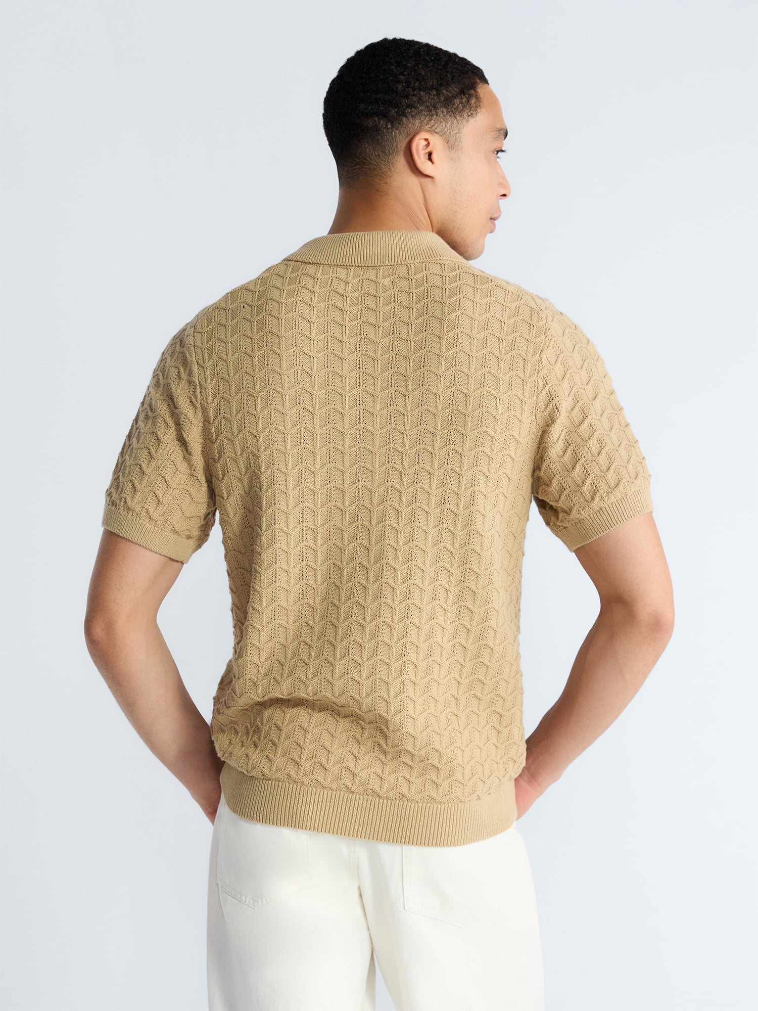 Free Assembly Men's Wavy Stitch Cotton Polo Sweater with Short Sleeves, Sizes S-3XL