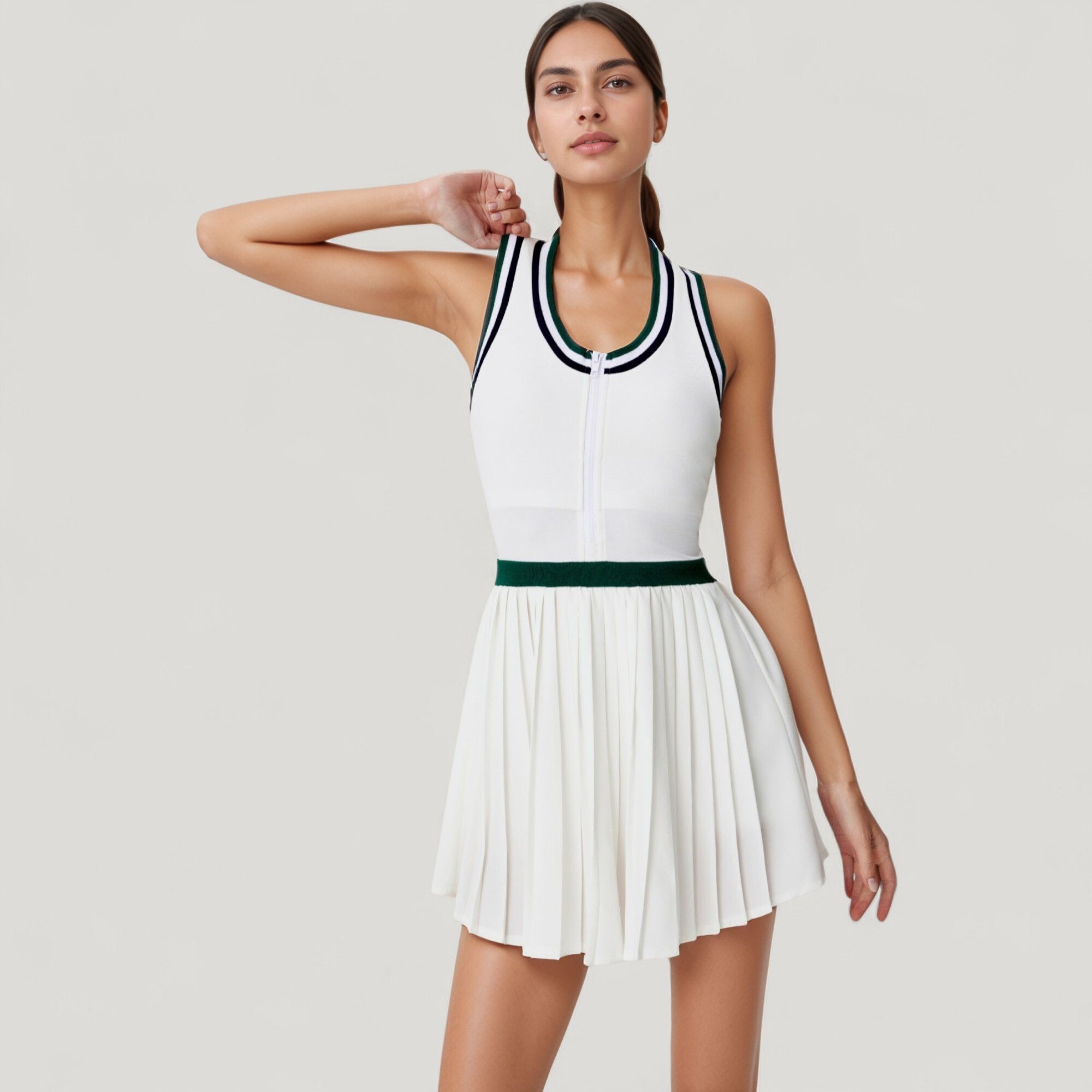 Women's Sleeveless Tennis Dress with Zip Front Contrast Trim Neckline and Pleated Skirt - Large, Green