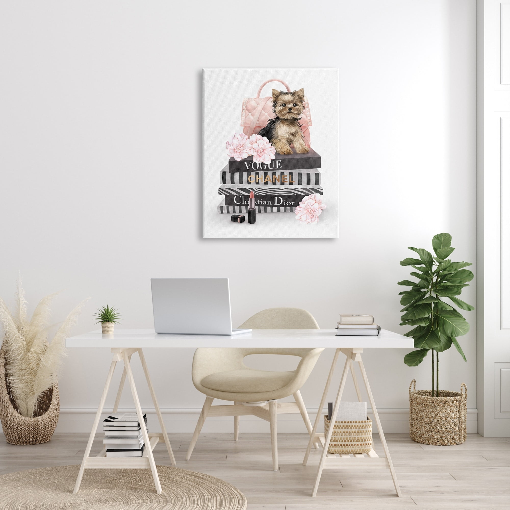 Stupell Industries Yorkie Puppy Glam Quilted Purse Fashion Bookstack Beauty & Fashion Painting Gallery Wrapped Canvas Print Wall Art, 30 x 40
