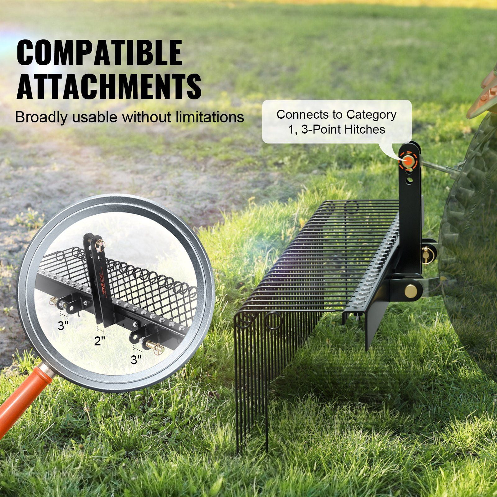 72 Inch Tow Behind Landscape Rake Dethatcher with 32 Steel Tines for Tractor Category 1 3 Point Hitch Handles Leaves Pine Needles Straw Grass