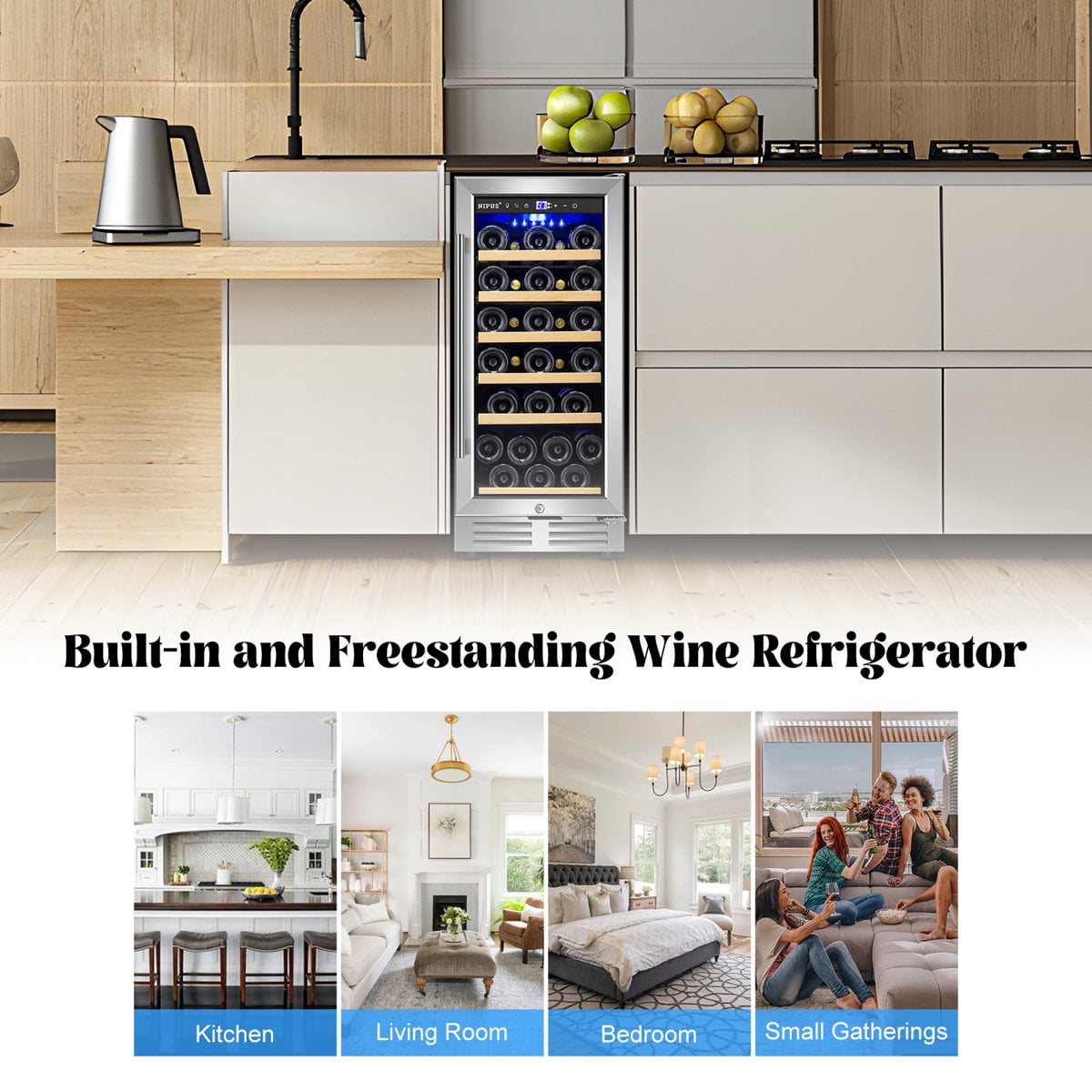 15 Inch 30 Bottle Wine Refrigerator Mini Wine Cooler Built-in and Freestanding with Built-In Light