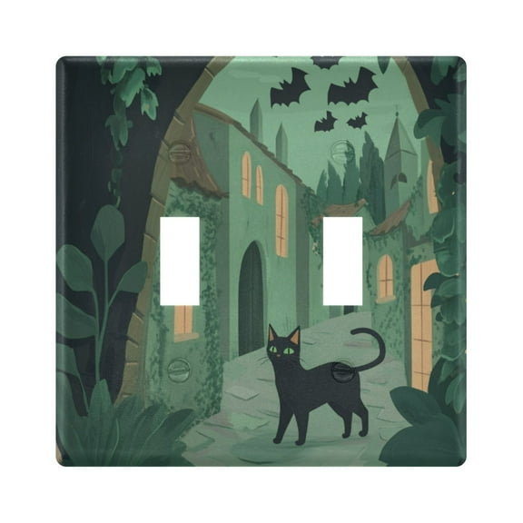 Black Cat and Green Town Light Switch Cover Decorative 2 Gang Wall Plate Toggle Switchplate Faceplate